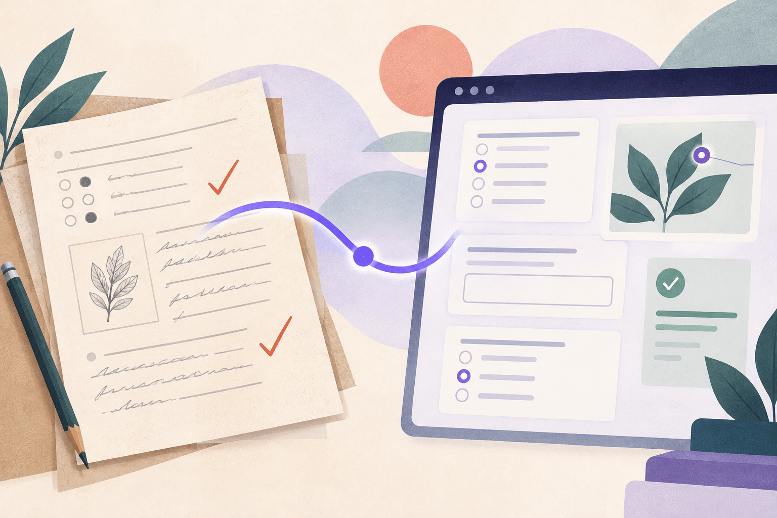 A paper exam transitioning into a digital assessment on a laptop