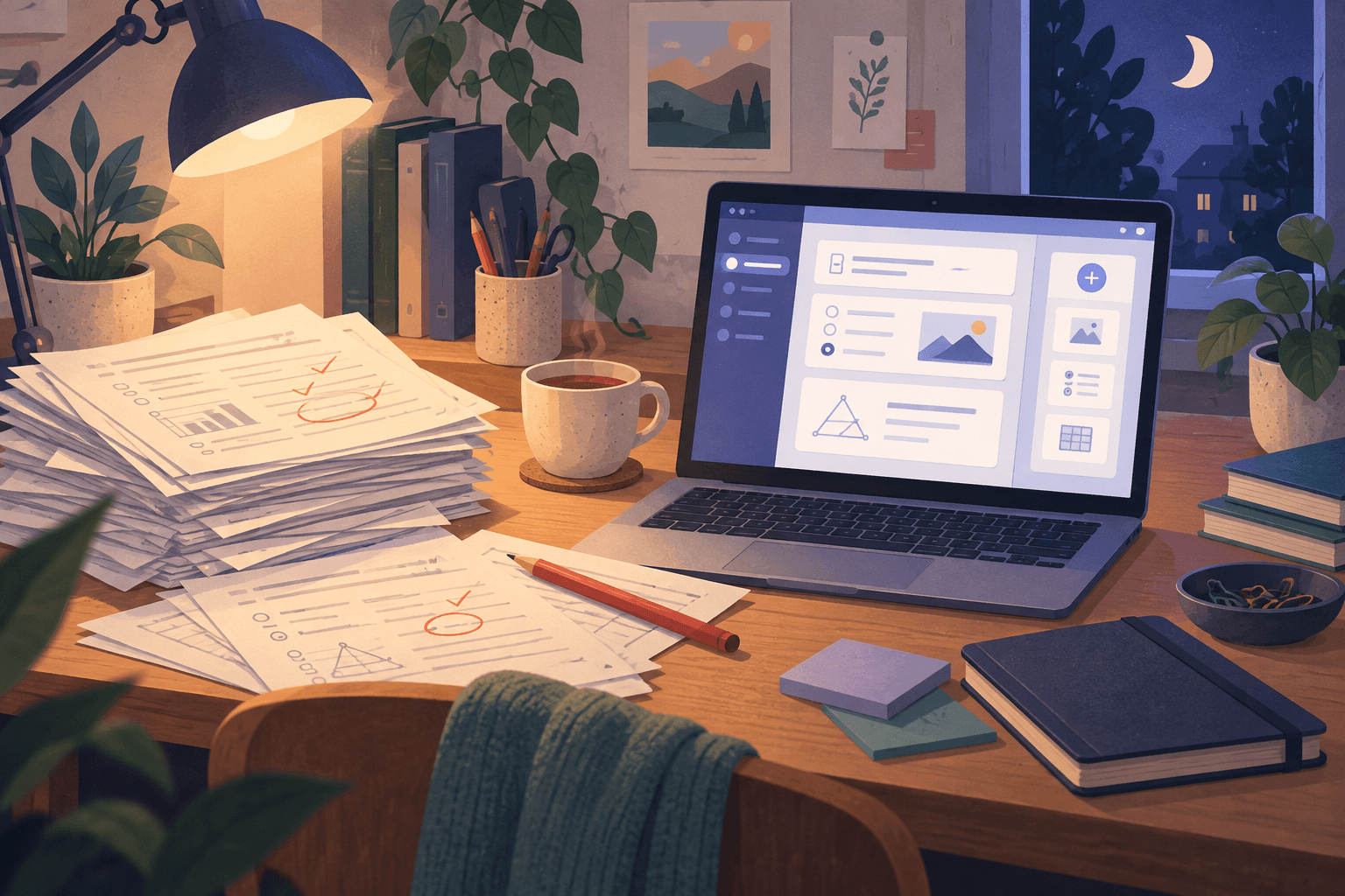 A late-night desk with marked exams, a cup of tea, and a laptop